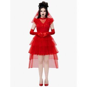Red Layered Tulle Dress With Ruffle Detail Sheer Polka Dot Neckline & High-Low S